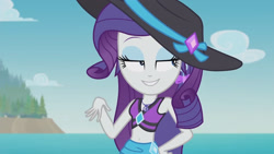 Size: 3410x1920 | Tagged: safe, screencap, rarity, equestria girls, g4, lost and found, my little pony equestria girls: better together, beach, beautisexy, belly button, bikini, bikini top, clothes, female, geode of shielding, hat, high res, jewelry, magical geodes, necklace, rarity's blue sarong, rarity's purple bikini, sarong, sassy, smiling, solo, sun hat, swimsuit
