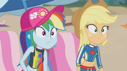 Size: 3410x1920 | Tagged: safe, screencap, applejack, rainbow dash, equestria girls, g4, lost and found, my little pony equestria girls: better together, applejack's hat, beach, beach chair, belly button, cap, chair, clothes, cowboy hat, female, geode of super speed, geode of super strength, hat, high res, jewelry, magical geodes, midriff, necklace, swimsuit