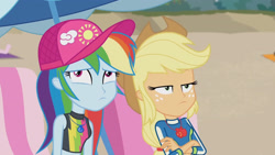 Size: 3410x1920 | Tagged: safe, screencap, applejack, rainbow dash, equestria girls, g4, lost and found, my little pony equestria girls: better together, applejack is not amused, applejack's hat, beach, beach chair, belly button, cap, chair, clothes, cowboy hat, crossed arms, female, geode of super speed, geode of super strength, hat, high res, jewelry, looking up, magical geodes, midriff, necklace, swimsuit, unamused