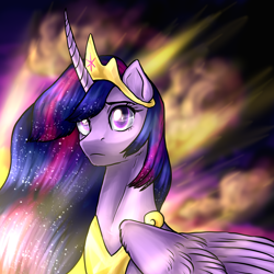 Size: 2000x2000 | Tagged: safe, artist:not-ordinary-pony, derpibooru exclusive, twilight sparkle, alicorn, pony, g4, the last problem, crown, ethereal mane, female, frown, high res, jewelry, mare, older, older twilight, older twilight sparkle (alicorn), peytral, princess twilight 2.0, regalia, sad, solo, starry mane, sunset, twilight sparkle (alicorn)