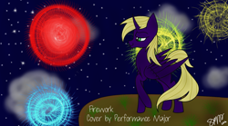 Size: 1440x801 | Tagged: safe, artist:skypaw122, oc, oc only, alicorn, pony, alicorn oc, fireworks, horn, night, outdoors, raised hoof, signature, smiling, solo, stars, wings