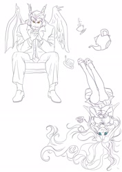 Size: 2480x3508 | Tagged: safe, artist:kyotoxart, discord, fluttershy, human, g4, clothes, duo, eared humanization, female, high res, horn, horned humanization, horns, humanized, lineart, male, monochrome, pants, shoes, simple background, sitting, upside down, white background, winged humanization, wings