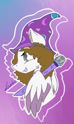 Size: 577x960 | Tagged: safe, artist:milledpurple, oc, oc only, pegasus, pony, abstract background, bust, colored wings, grin, hat, pegasus oc, scepter, signature, smiling, solo, two toned wings, wings, wizard hat