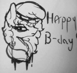 Size: 480x453 | Tagged: safe, artist:milledpurple, oc, oc only, earth pony, pony, bags under eyes, beanie, clothes, earth pony oc, frown, happy birthday, hat, hoodie, jewelry, lineart, necklace, solo, traditional art