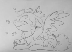 Size: 960x690 | Tagged: safe, artist:milledpurple, oc, oc only, pegasus, pony, female, ipod, lineart, lying down, mare, pegasus oc, prone, signature, smiling, solo, traditional art, wings