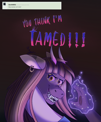 Size: 2065x2481 | Tagged: safe, artist:diamond06mlp, oc, oc only, draconequus, ask, bust, draconequus oc, ear piercing, earring, female, glowing hands, high res, horns, jewelry, piercing, sharp teeth, solo, teeth