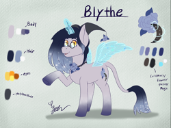 Size: 2732x2048 | Tagged: safe, artist:diamond06mlp, oc, oc only, pony, unicorn, artificial wings, augmented, ethereal mane, glasses, glowing, glowing horn, high res, horn, magic, magic wings, raised hoof, reference sheet, signature, solo, starry mane, unicorn oc, wings