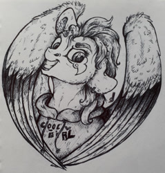 Size: 1033x1080 | Tagged: safe, artist:skior, oc, oc only, pegasus, pony, clothes, colored wings, hoodie, monochrome, solo, traditional art, two toned wings, wings