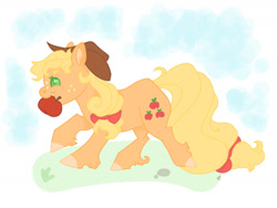 Size: 1280x960 | Tagged: safe, artist:skior, applejack, earth pony, pony, g4, apple, applejack's hat, bow, colored hooves, cowboy hat, female, food, hat, heart eyes, mare, mouth hold, solo, unshorn fetlocks, wingding eyes
