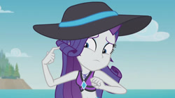 Size: 3410x1920 | Tagged: safe, screencap, rarity, equestria girls, equestria girls series, g4, lost and found, belly button, bikini, bikini top, clothes, female, geode of shielding, hairpin, high res, jewelry, magical geodes, my ear was naked, necklace, rarity's purple bikini, sleeveless, solo, swimsuit