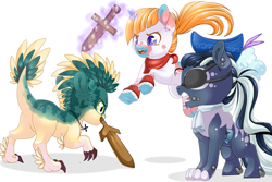 Size: 3401x2267 | Tagged: safe, artist:schokocream, oc, oc only, dracony, dragon, earth pony, hybrid, pony, unicorn, earth pony oc, eyepatch, female, fight, hat, high res, horn, mare, mouth hold, simple background, sword, unicorn oc, weapon, white background