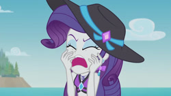 Size: 3410x1920 | Tagged: safe, screencap, rarity, equestria girls, equestria girls series, g4, lost and found, bikini, bikini top, clothes, eyes closed, female, geode of shielding, high res, jewelry, magical geodes, marshmelodrama, my ear was naked, necklace, open mouth, rarity being rarity, rarity's purple bikini, solo, swimsuit