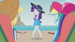 Size: 3410x1920 | Tagged: safe, screencap, applejack, rainbow dash, rarity, equestria girls, g4, lost and found, my little pony equestria girls: better together, applejack's hat, beach, beach chair, belly button, cap, chair, clothes, cowboy hat, eyes closed, female, geode of shielding, hat, high res, jewelry, magical geodes, necklace, sandals, sarong, swimsuit