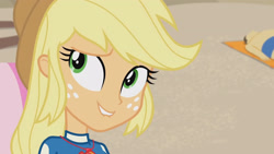 Size: 3410x1920 | Tagged: safe, screencap, applejack, equestria girls, g4, lost and found, my little pony equestria girls: better together, applejack's hat, beach, beach chair, chair, close-up, clothes, cowboy hat, female, geode of super strength, hat, high res, jewelry, lip bite, magical geodes, necklace, solo, swimsuit