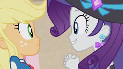 Size: 3410x1920 | Tagged: safe, screencap, applejack, rarity, equestria girls, g4, lost and found, my little pony equestria girls: better together, beach, beach chair, chair, clothes, female, geode of super strength, hat, high res, jewelry, magical geodes, necklace, smiling, sun hat, swimsuit