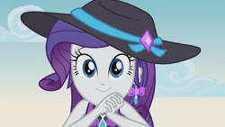 Size: 3410x1920 | Tagged: safe, screencap, rarity, equestria girls, equestria girls series, g4, lost and found, bikini, bikini top, clothes, cute, female, geode of shielding, hat, high res, jewelry, looking at you, magical geodes, necklace, raribetes, rarity's purple bikini, smiling, solo, sun hat, swimsuit
