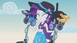 Size: 3410x1920 | Tagged: safe, screencap, rarity, equestria girls, g4, lost and found, my little pony equestria girls: better together, belly button, bikini, bikini top, clothes, cute, eyes closed, female, geode of shielding, hat, high res, jewelry, magical geodes, metal detector, necklace, raribetes, rarity's blue sarong, rarity's purple bikini, sarong, smiling, solo, sun hat, swimsuit