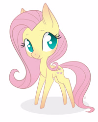 Size: 2000x2500 | Tagged: safe, artist:hotcurrykatsu, fluttershy, pegasus, pony, g4, chibi, cute, female, folded wings, high res, looking at you, mare, no pupils, shyabetes, simple background, small wings, smiling, solo, standing, three quarter view, white background, wings
