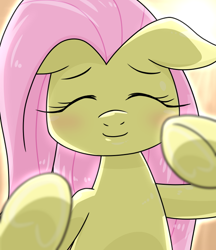 Size: 640x740 | Tagged: safe, artist:batipin, fluttershy, pegasus, pony, g4, blushing, bust, eyes closed, female, floppy ears, front view, full face view, mare, smiling, solo