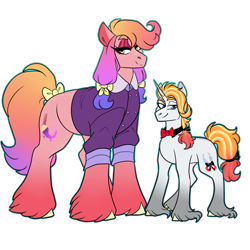Size: 3000x3000 | Tagged: safe, artist:gingygin, oc, oc:rose gold, oc:snippet, earth pony, pony, unicorn, body freckles, bow, bowtie, brother and sister, clothes, female, fraternal twins, freckles, gradient mane, height difference, high res, lidded eyes, long feather, male, offspring, parent:big macintosh, parent:rarity, parents:rarimac, plump, shirt, siblings, simple background, smiling, tail, tail bow, transparent background, unshorn fetlocks