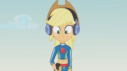 Size: 3410x1920 | Tagged: safe, screencap, applejack, equestria girls, g4, lost and found, my little pony equestria girls: better together, applejack's hat, clothes, cowboy hat, female, geode of super strength, hat, headphones, high res, jewelry, magical geodes, metal detector, midriff, necklace, sleeveless, solo, swimsuit