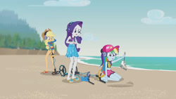 Size: 3410x1920 | Tagged: safe, screencap, applejack, rainbow dash, rarity, equestria girls, equestria girls series, g4, lost and found, applejack's hat, beach, belly button, cap, clothes, cowboy hat, female, geode of shielding, geode of super speed, geode of super strength, hat, headphones, high res, ice skates, jewelry, magical geodes, metal detector, necklace, open mouth, sandals, sarong, sleeveless, swimsuit