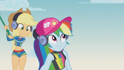 Size: 3410x1920 | Tagged: safe, screencap, applejack, rainbow dash, equestria girls, g4, lost and found, my little pony equestria girls: better together, applejack's hat, belly button, cap, clothes, cowboy hat, female, geode of super speed, geode of super strength, hat, headphones, high res, jewelry, magical geodes, midriff, necklace, sleeveless, smiling, swimsuit