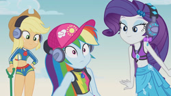 Size: 3410x1920 | Tagged: safe, screencap, applejack, rainbow dash, rarity, equestria girls, equestria girls series, g4, lost and found, applejack's beach shorts swimsuit, applejack's hat, belly button, cap, clothes, cowboy hat, female, geode of shielding, geode of super speed, geode of super strength, hat, headphones, high res, jewelry, magical geodes, midriff, necklace, rarity's blue sarong, rarity's purple bikini, sarong, sleeveless, smiling, swimsuit