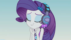 Size: 3410x1920 | Tagged: safe, screencap, rarity, equestria girls, equestria girls series, g4, lost and found, bikini, bikini top, clothes, eyes closed, female, geode of shielding, hairpin, headphones, high res, jewelry, lip bite, magical geodes, necklace, rarity's purple bikini, solo, swimsuit