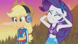 Size: 3410x1920 | Tagged: safe, screencap, applejack, rarity, equestria girls, equestria girls series, g4, lost and found, applejack's hat, armpits, belly button, clothes, cowboy hat, eyes closed, female, geode of shielding, geode of super strength, hairpin, hat, headphones, high res, jewelry, magical geodes, midriff, necklace, rarity's blue sarong, rarity's purple bikini, sarong, swimsuit