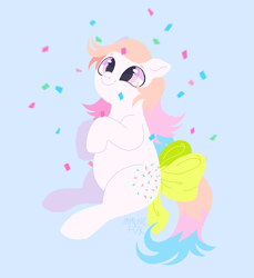 Size: 1749x1906 | Tagged: safe, artist:immunefox, confetti (g1), earth pony, pony, g1, bow, chubby, confetti, cross-eyed, cute, digital art, fanart, looking up, multicolored hair, party, pastel, pink eyes, pixel art, procreate app, sitting, solo, tail, tail bow