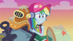 Size: 3410x1920 | Tagged: safe, screencap, rainbow dash, equestria girls, g4, lost and found, my little pony equestria girls: better together, cap, clothes, female, geode of super speed, hat, headphones, high res, jewelry, magical geodes, necklace, sleeveless, solo, swimsuit