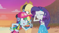 Size: 3410x1920 | Tagged: safe, screencap, applejack, rainbow dash, rarity, equestria girls, g4, lost and found, my little pony equestria girls: better together, applejack's hat, beach, belly button, cap, clothes, cowboy hat, crossed arms, crying, cute, dashabetes, eyes closed, female, geode of shielding, geode of super speed, hairpin, hat, headphones, high res, jewelry, magical geodes, necklace, open mouth, rarity's blue sarong, rarity's purple bikini, sad, sarong, swimsuit, wiping tears