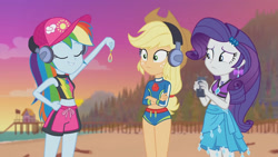 Size: 3410x1920 | Tagged: safe, screencap, applejack, rainbow dash, rarity, equestria girls, g4, lost and found, my little pony equestria girls: better together, applejack's beach shorts swimsuit, applejack's hat, beach, cap, clothes, cowboy hat, crossed arms, eyes closed, female, geode of shielding, geode of super speed, geode of super strength, hairpin, hat, headphones, high res, jewelry, magical geodes, midriff, necklace, open mouth, rainbow dash's beach shorts swimsuit, rarity's blue sarong, rarity's purple bikini, sarong, swimsuit