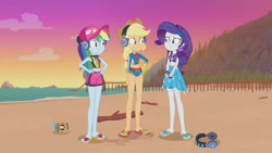 Size: 3410x1920 | Tagged: safe, screencap, applejack, rainbow dash, rarity, equestria girls, g4, lost and found, my little pony equestria girls: better together, applejack's beach shorts swimsuit, applejack's hat, beach, belly button, cap, clothes, cowboy hat, feet, female, geode of shielding, geode of super speed, geode of super strength, hairpin, hand on hip, hat, headphones, high res, jewelry, magical geodes, midriff, necklace, rainbow dash's beach shorts swimsuit, rarity's blue sarong, rarity's purple bikini, sandals, sarong, smiling, sports bra, swimsuit, two-piece swimsuit