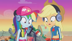 Size: 3410x1920 | Tagged: safe, screencap, applejack, rainbow dash, equestria girls, g4, lost and found, my little pony equestria girls: better together, applejack's hat, beach, belly button, cap, clothes, confused, cowboy hat, female, geode of super speed, geode of super strength, hat, headphones, high res, jewelry, magical geodes, necklace, open mouth, swimsuit