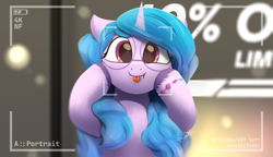 Size: 5799x3346 | Tagged: safe, artist:potato22, izzy moonbow, pony, unicorn, g5, my little pony: a new generation, spoiler:my little pony: a new generation, :p, absurd resolution, bust, cute, female, glasses, izzybetes, looking at you, mare, silly, silly pony, smiling, smiling at you, solo, tongue out, weapons-grade cute