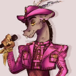 Size: 1080x1080 | Tagged: safe, artist:shmorxy, discord, draconequus, g4, clothes, cowboy, cowboy hat, ear piercing, earring, fangs, fishnet stockings, hat, horns, jacket, jewelry, lil nas x, microphone, piercing, pocket, stars, straps, watermark