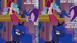 Size: 1280x720 | Tagged: safe, edit, edited screencap, editor:quoterific, screencap, princess celestia, princess luna, starlight glimmer, alicorn, pony, unicorn, a royal problem, g4, season 7, celestia is not amused, crown, denial's not just a river in egypt, ethereal mane, eyeshadow, fake smile, female, flowing mane, glare, hoof shoes, jewelry, luna is not amused, makeup, mare, multicolored mane, narrowed eyes, open mouth, pouting, raised hoof, regalia, royal sisters, sarcasm, siblings, sisters, smiling, throne, throne room, unamused