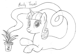Size: 1132x794 | Tagged: safe, artist:parclytaxel, twilight velvet, genie, genie pony, pony, unicorn, series:nightliner, female, lineart, looking at you, lying down, mare, monochrome, pencil drawing, pointing, potted plant, prone, smiling, solo, traditional art