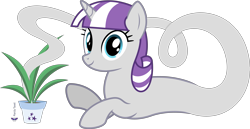 Size: 7753x4000 | Tagged: safe, artist:parclytaxel, twilight velvet, genie, genie pony, pony, unicorn, g4, .svg available, absurd resolution, female, looking at you, lying down, mare, monthly reward, plant, pointing, potted plant, prone, simple background, smiling, solo, transparent background, vector
