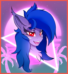 Size: 1300x1400 | Tagged: safe, artist:xeniusfms, oc, oc only, oc:aphelion riley, bat pony, pony, bat pony oc, bust, female, looking at you, mare, neon, open mouth, open smile, portrait, smiling, smiling at you, solo, stars, synthwave, teeth, triangle