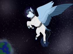 Size: 3186x2350 | Tagged: safe, artist:inisealga, oc, oc only, oc:soaring spirit, pegasus, pony, earth, glasses, high res, male, pegasus oc, planet, solo, space, spacesuit, spread wings, stallion, stars, wings