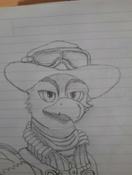 Size: 3000x4000 | Tagged: safe, artist:bartmagus, artist:mustaphatr, oc, oc only, oc:virgil, griffon, equestria at war mod, clothes, goggles, hat, lined paper, solo, traditional art