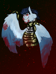 Size: 1779x2350 | Tagged: safe, artist:inisealga, oc, oc only, oc:soaring spirit, pegasus, pony, abstract background, armor, blood, doom, doom guy, gradient background, male, pegasus oc, red eyes, solo, spread wings, stallion, wing armor, wing brace, wings