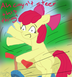 Size: 864x925 | Tagged: safe, artist:theantifamouskuro, apple bloom, earth pony, pony, g4, bipedal, female, filly, open mouth, scooter, solo, text