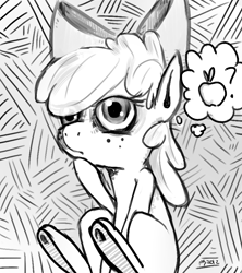 Size: 800x900 | Tagged: safe, artist:doctorpepperphd, apple bloom, earth pony, pony, g4, apple, female, filly, food, grayscale, monochrome, pondering, question mark, solo, underhoof