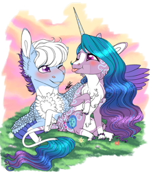 Size: 1024x1149 | Tagged: safe, artist:malinraf1615, izzy moonbow, zoom zephyrwing, pegasus, pony, unicorn, g5, :p, blushing, chest fluff, cute, female, grass, izzybetes, leonine tail, lesbian, male, mare, markings, one eye closed, ship:zoombow, shipping, stallion, straight, tail, tongue out, unshorn fetlocks, wink