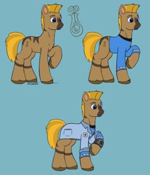 Size: 1800x2100 | Tagged: safe, artist:redquoz, oc, oc only, hybrid, pony, zony, blue background, blue eyes, brown coat, chest fluff, clothes, doctor, eyebrows, glyphmark, lab coat, leg fluff, male, raised hoof, reference sheet, simple background, solo, stallion, standing, star trot, striped mane, stripes, tail, tricorder, two toned mane, uniform, unshorn fetlocks, yellow mane, zony oc