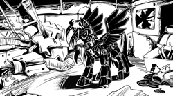 Size: 4256x2364 | Tagged: safe, artist:lexx2dot0, oc, oc only, oc:blackjack, alicorn, cyborg, pony, fallout equestria, fallout equestria: project horizons, series:ph together we reread, alicorn oc, artificial wings, augmented, black and white, cyber alicorn, fanfic art, female, glowing, glowing horn, grayscale, high res, horn, level 4 (alicorn eclipse) (project horizons), mare, mechanical wing, monochrome, small horn, solo, wings